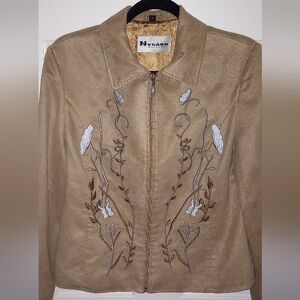 Nygård Collection tan jacket with floral embroidery. Size Medium Full Zipper